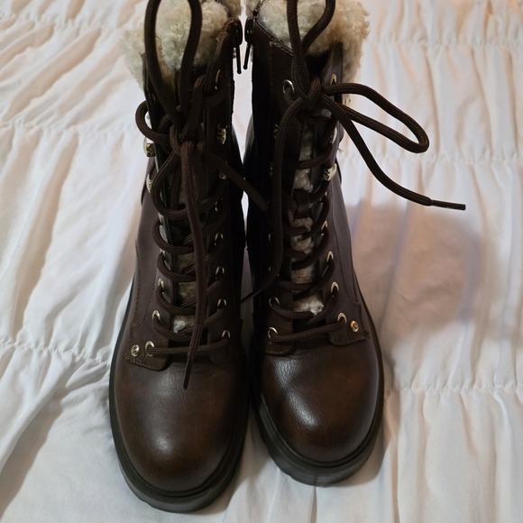 Dark Brown Faux Leather Platform Combat Boots with Shearling Trim and Block Heel - Picture 10 of 16